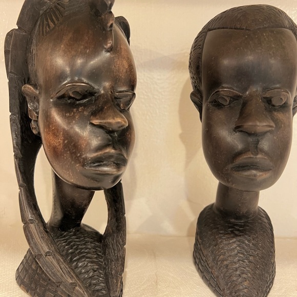 Vintage Hand-Carved African Ebony Busts – Pair – 8” Tall - Picture 1 of 10
